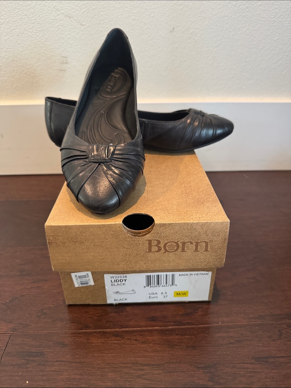 Born Black Leather Pleated Bow Flats